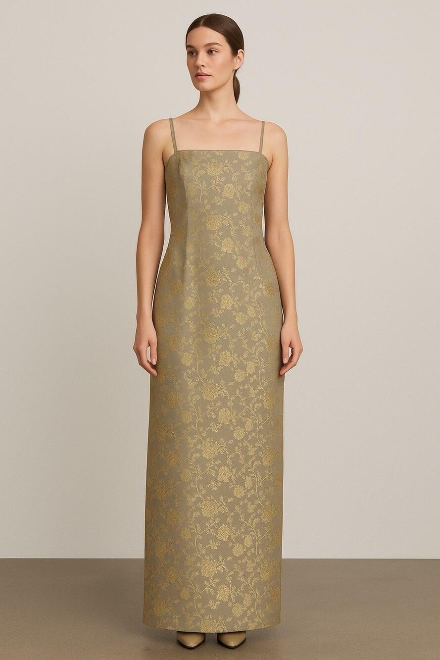 Jessica McClintock Gold Floral Brocade Dress 14P USA VTG  90s Formal Gown Prom